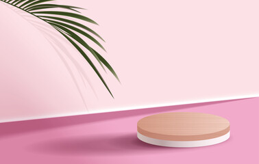 Obraz premium Cosmetic pink background and premium podium display for product presentation branding and packaging presentation. studio stage with shadow of leaf background. vector design