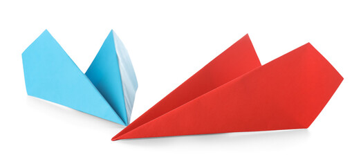 Colorful paper planes on white background