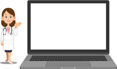 空欄のノートパソコンの画面を案内する医者の女性
