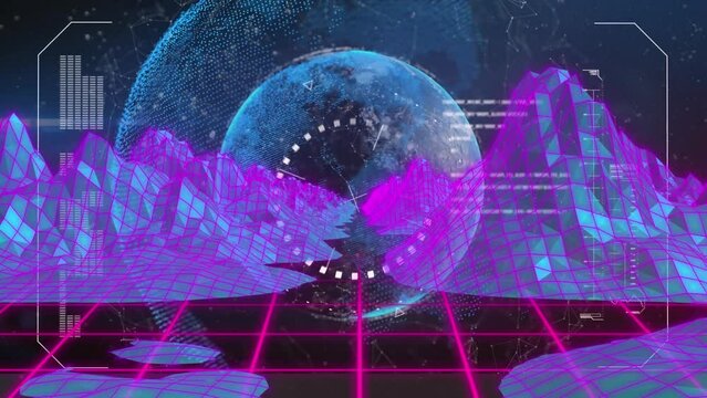 Animation of data processing over globe and digital mountains on black background