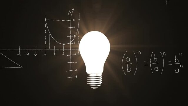 Animation of light bulb over mathematical equations on black background
