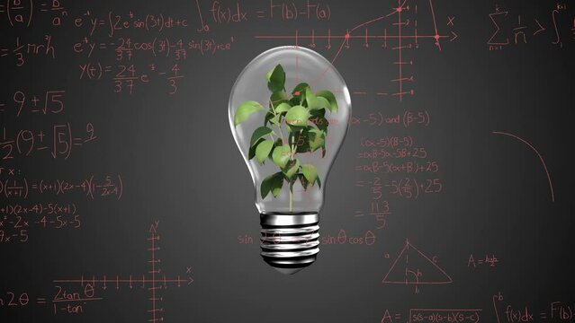 Animation of light bulb with plant over mathematical equations on black background