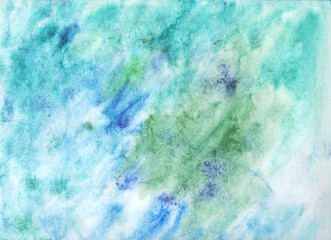 Watercolor painting abstract strokes, space sky, sea. Horizontal page texture, copy space grunge backdrop, retro texture, vintage background. Royal blue, sapphire, navy, indigo, cobalt, electric blue - 523713158