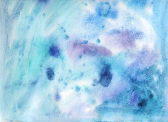 Watercolor painting abstract strokes, space sky, sea. Horizontal page texture, copy space grunge backdrop, retro texture, vintage background. Royal blue, sapphire, navy, indigo, cobalt, electric blue - 523713159