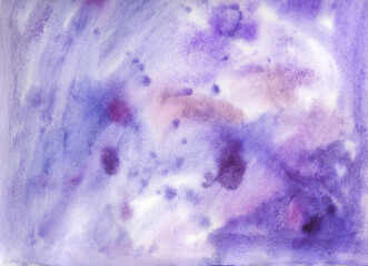 Watercolor painting abstract strokes, space sky. Horizontal page texture, copy space grunge backdrop, retro texture, vintage background. Purple, lavender, lilac, mauve plum violet amethyst periwinkle