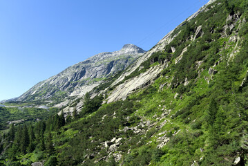 Mountain panorama at Swiss mountain pass Grimsel, Canton Bern, on a sunny summer day. Photo taken July 3rd, 2022, Grimsel Pass, Switzerland.
