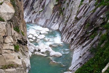 Scenic view of Reuss River at famous Sch&ouml;llenen Gorge on a sunny summer day. Photo taken July 3rd, 2022, Sch&ouml;llenen Gorge, Switzerland.