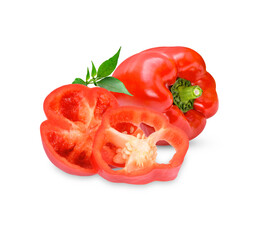 Fresh sweet pepper with leaves isolated on white background