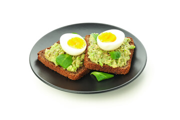 Concept of tasty breakfast, sandwiches with egg, isolated on white background