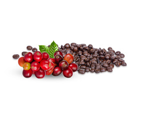 Coffee beans with leaves isolated on white background