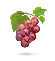Fresh red grape with leaves isolated on white background