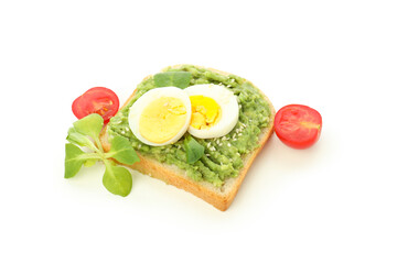 Concept of tasty breakfast, sandwich with egg, isolated on white background
