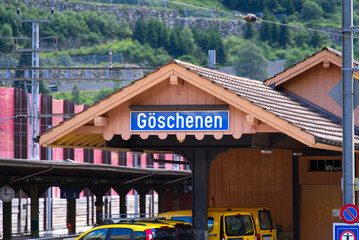Fototapeta na wymiar Railway station Göschenen, Canton Uri, on a sunny summer day. Photo taken July 3rd, 2022, Göschenen, Switzerland.