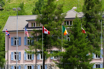 Barracks of Swiss Army at mountain village Andermatt, Canton Uri, on a sunny summer day. Photo taken July 3rd, 2022, Andermatt, Switzerland.