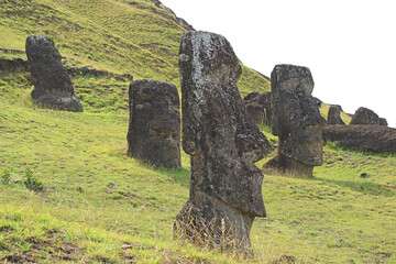 Uncountable abandoned huge Moai statues on Rano Raraku volcano, the historic Moai quarry on Easter Island of Chile