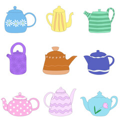 Collection of teapots and teapots isolated on white background. Decorative kitchen tools