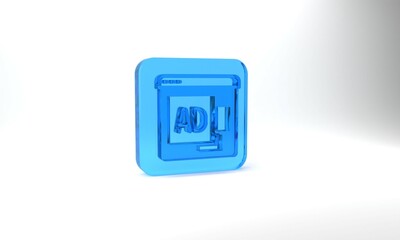 Blue Advertising icon isolated on grey background. Concept of marketing and promotion process. Responsive ads. Social media advertising. Glass square button. 3d illustration 3D render