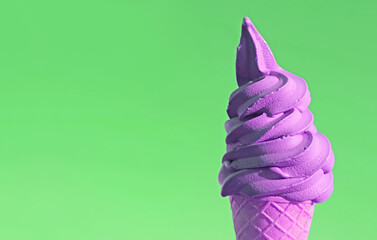 Pop Art Styled Purple Blueberry Soft Serve Ice Cream Cone Isolated on Light Green Backdrop