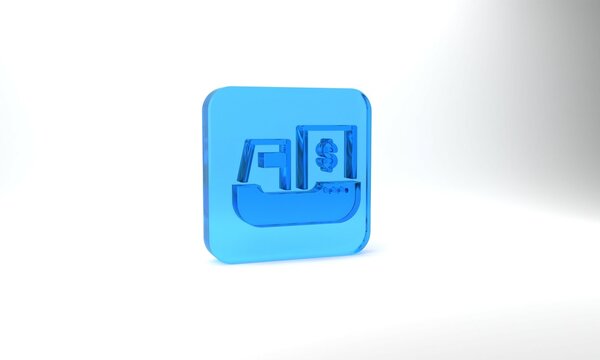 Blue Cargo ship with boxes delivery service icon isolated on grey background. Delivery, transportation. Freighter with parcels, boxes, goods. Glass square button. 3d illustration 3D render