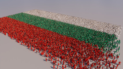 Aerial view of a Crowd of People, coming together to form the Flag of Bulgaria. Bulgarian Banner on White Background.