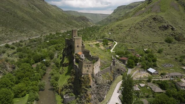 Confluence Of Kura And Paravani Rivers With Khertvisi Castle Ruins In Aspindza Municipality, Southern Georgia. Aerial Wide Shot