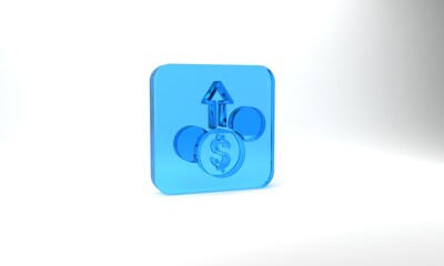 Blue Financial growth dollar coin icon isolated on grey background. Increasing revenue. Glass square button. 3d illustration 3D render