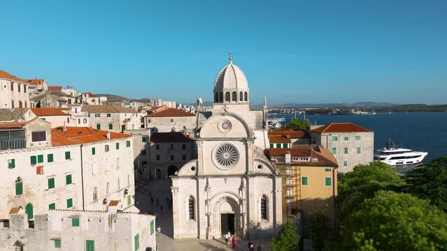 Pullback On Gothic Renaissance Stone Church Of The Cathedral of St. James In Sibenik, Croatia. Aerial Shot