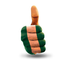 Thumbs up painted in Nigerian flag colors isolated on white background. National flag of Nigeria