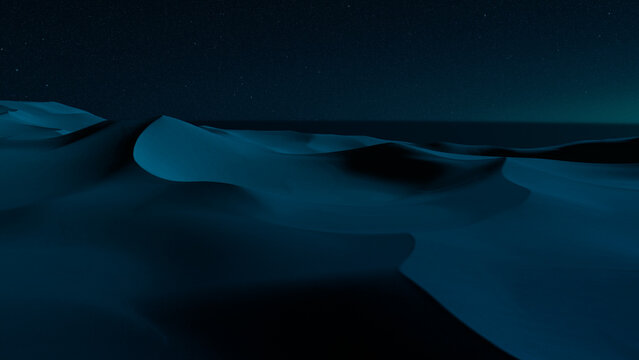 Night Landscape, with Desert Sand Dunes. Surreal Modern Wallpaper with Navy Gradient Starry Sky