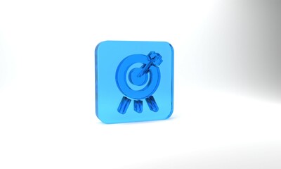 Blue Target financial goal concept icon isolated on grey background. Symbolic goals achievement, success. Glass square button. 3d illustration 3D render