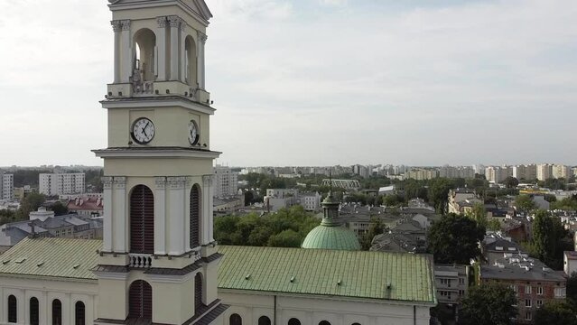 Aerial drone footage of a beautiful catholic, European church in Warsaw Poland