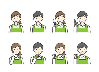 様々なポーズの男性と女性の店員