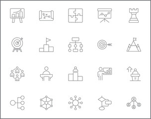 Simple Set of strategy Related Vector Line Icons. Contains such Icons as goals, success, logic, graphs, reports, business, growth, targets and more.