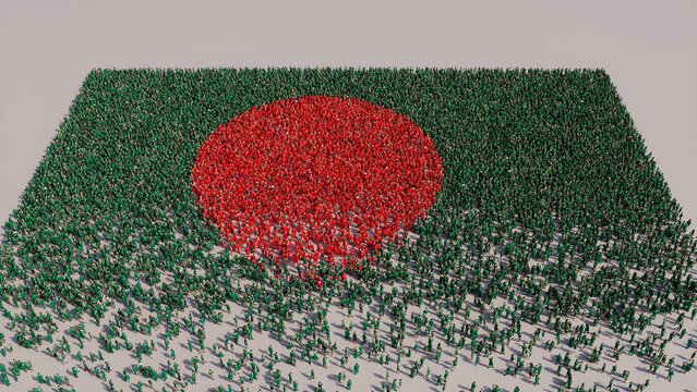 Aerial view of a Crowd of People, congregating to form the Flag of Bangladesh. Bangladeshi Banner on White Background.