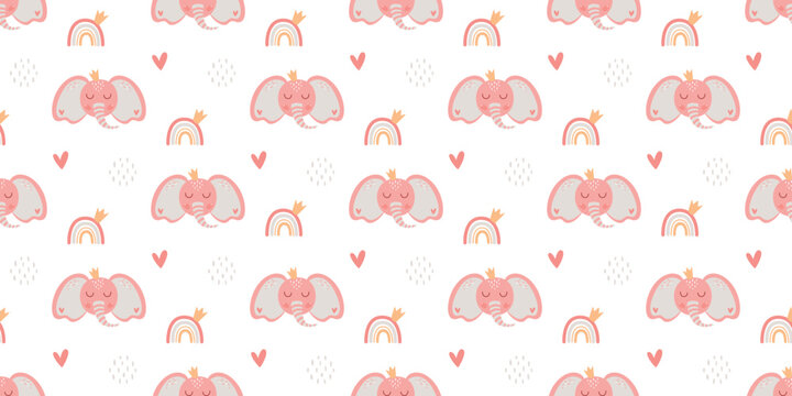 Pink baby girl pattern. Girl pink sweet background. Pink vector seamless design. Baby elephant pattern. Childish princess illustration. Baby seamless print. Pink nursery background. Cute baby textile.