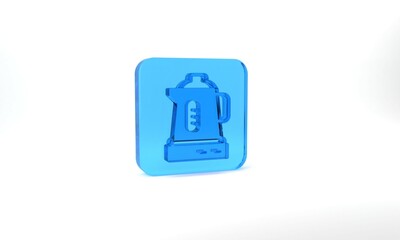 Blue Electric kettle icon isolated on grey background. Teapot icon. Glass square button. 3d illustration 3D render