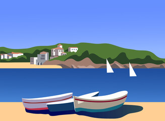 Mediterranean landscape with fishing boats vector illustration