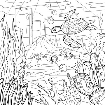 Line vector art. Underwater world, hand drawn turtle, fish and algae. Dreamy drawing for coloring