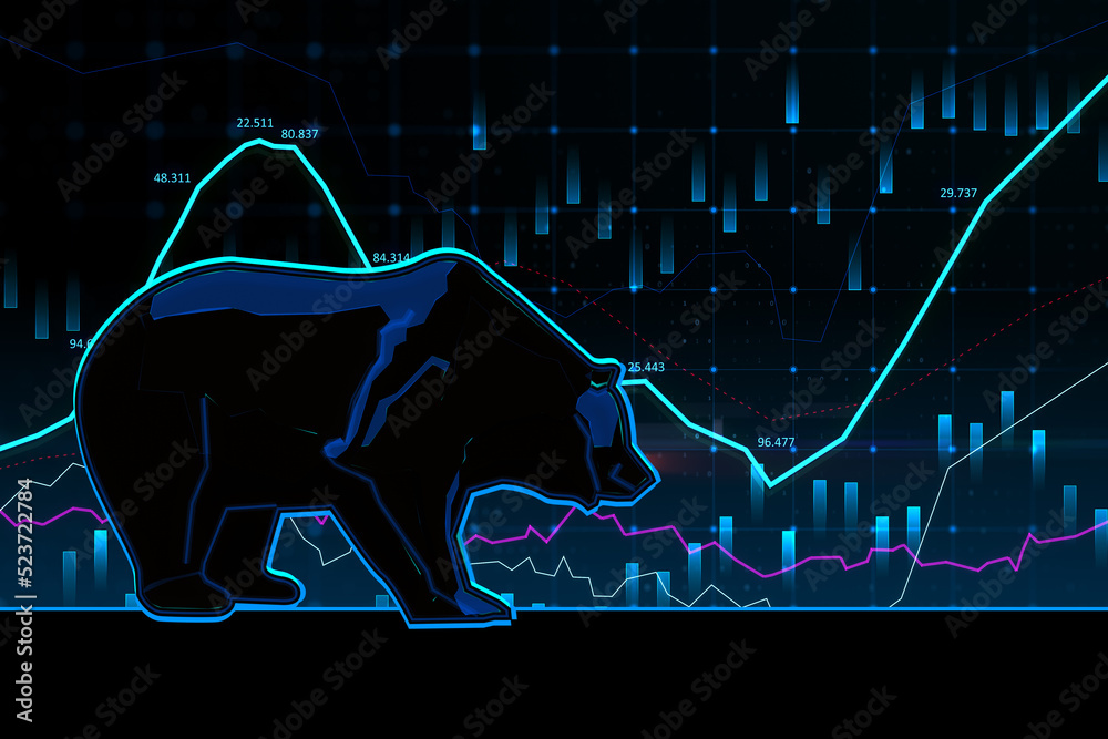 Poster abstract bearish forex chart on blurry background. stock market exchange and financial analysis. 3d 