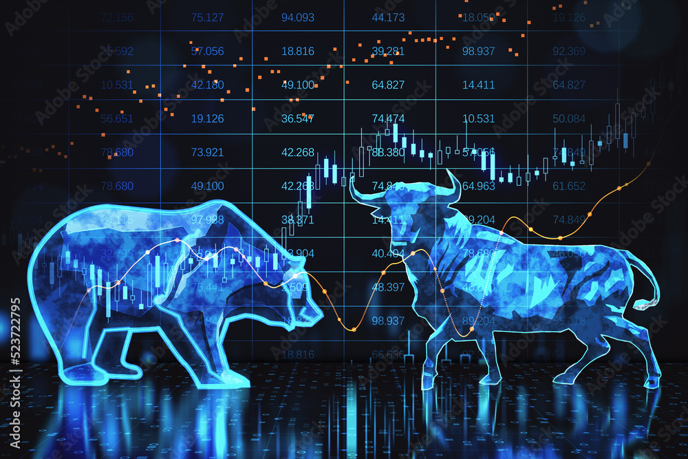 Poster abstract bearish and bullish forex chart on blurry background. stock market exchange and financial a