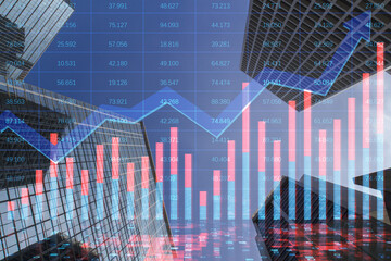 Fototapeta na wymiar Creative growing financial forex chart with upward arrow on blurry city backdrop. Market, stock and trading concept. Double exposure.