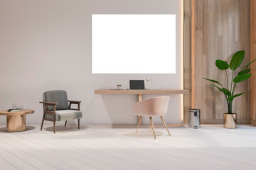 Contemporary wooden and concrete office room interior with furniture, decorative plant and empty white mock up poster on wall. 3D Rendering.