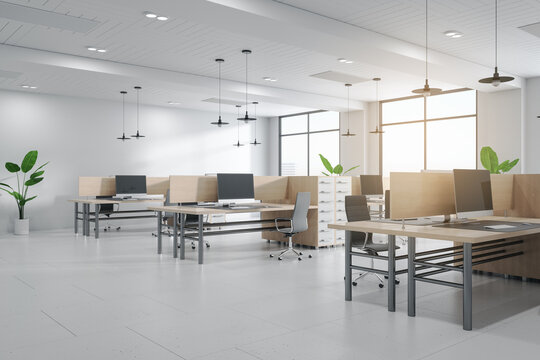 Modern concrete coworking office interior with furniture, equipment and windows with city view. 3D Rendering.