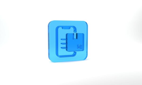 Blue Document tracking marker system icon isolated on grey background. Parcel tracking. Glass square button. 3d illustration 3D render