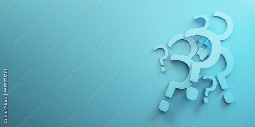 Aufkleber Creative abstract question marks on blue backdrop with mock up place. Ask, solution and FAQ concept. 3D Rendering.