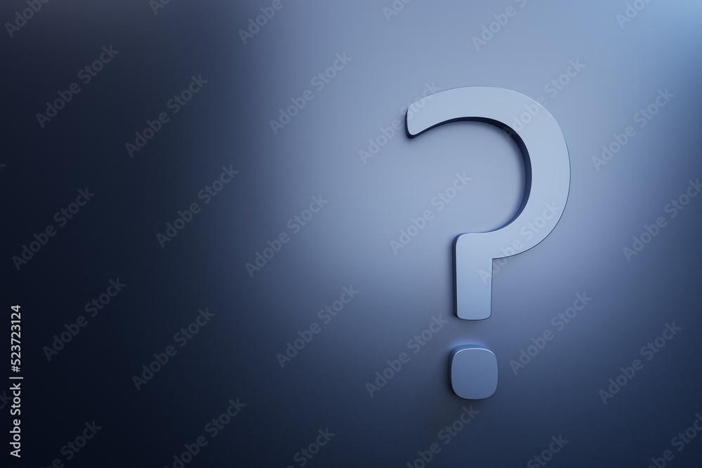 Poster Creative question marks on blue backdrop with mock up place. Ask, solution and FAQ concept. 3D Rendering.