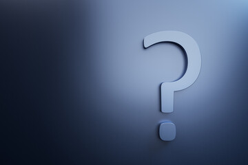 Creative question marks on blue backdrop with mock up place. Ask, solution and FAQ concept. 3D Rendering.