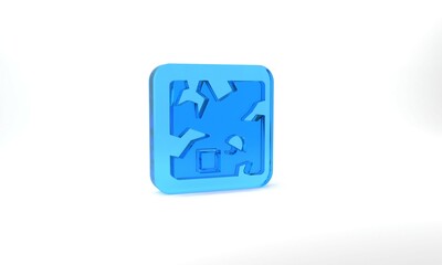 Blue Broken cardboard box icon isolated on grey background. Box, package, parcel sign. Delivery and packaging. Glass square button. 3d illustration 3D render
