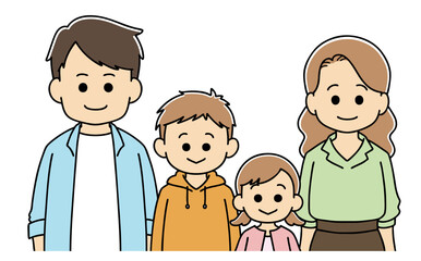4人家族　笑顔　上半身　イラスト　表情　