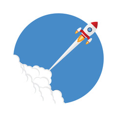 App launch. Startup vector concept, flat cartoon rocket or rocketship launch, mobile phone or smartphone, idea of successful business project start up, boost technology, innovation.	